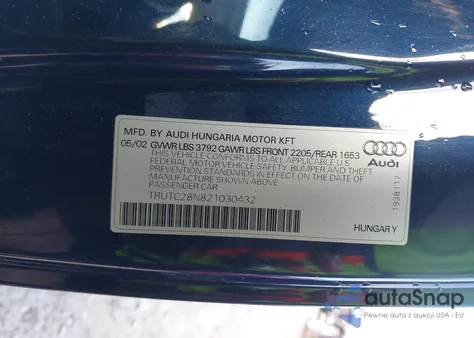 2002 Audi Tt 1.8L из США, поврежденный, VIN TRUTC28N821030432